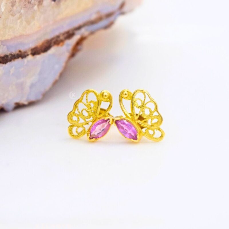 Aretes de Oro 18k Filigrana Mariposa Zafiro Rosa -RMO0001