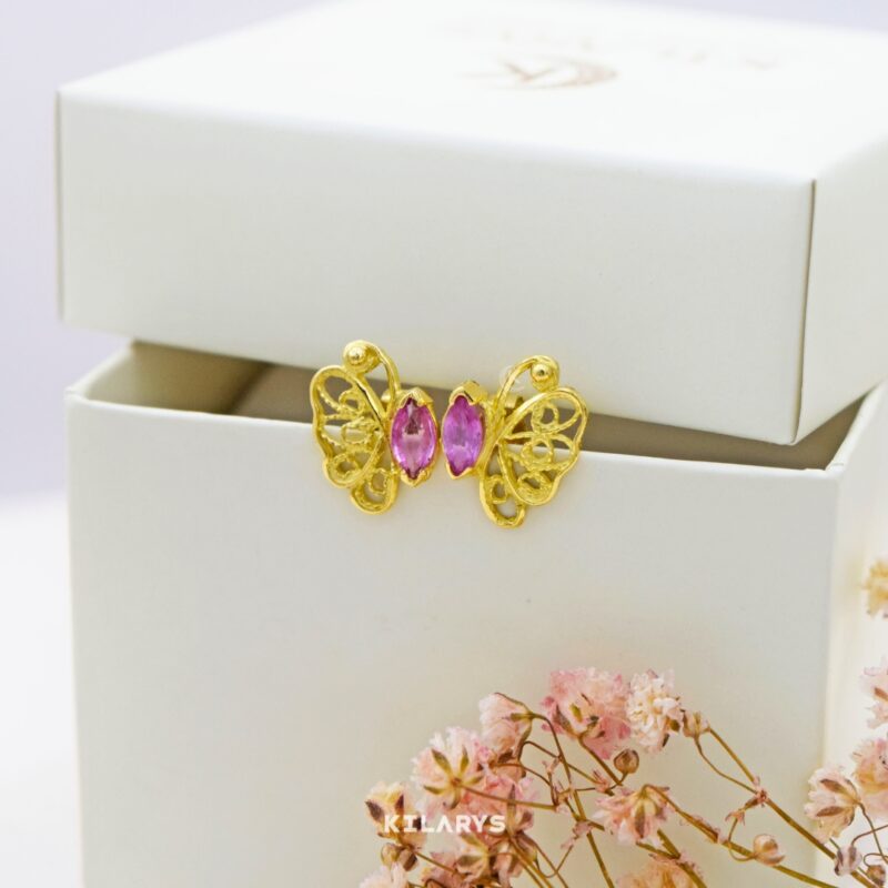 Aretes de Oro 18k Filigrana Mariposa Zafiro Rosa -RMO0001